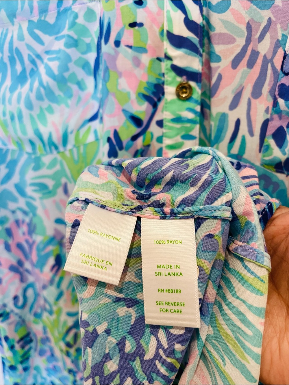 $98 Lilly Pulitzer Turquoise Blue Pink Green Palm-Print Shirtdress - Picture 6 of 11